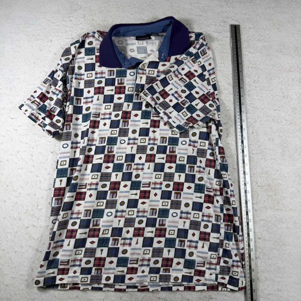 Van Heusen Mens Large Polo Shirt Short Sleeve Golf Geometric Plaid Print Blue L - Picture 4 of 7